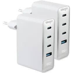 Ideoon 2er-Set 100W GaN III USB-Ladegerät mit 4 Ports, 3x USB-C & 1x USB-A, Schnellladegerät mit LED-Displa (100 W, 4 Ports), USB Ladegerät, Weiss