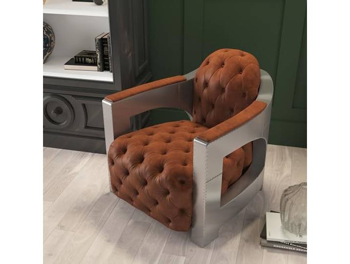 Phoenixarts Echtleder Vintage Alu Chesterfield Sessel Retro Ledersessel Design Lounge Club Sofa NEU 556