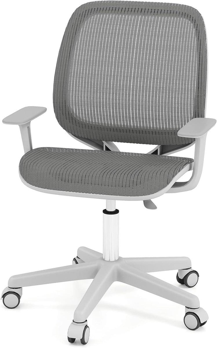 Grijs Kinderbureaustoel - Comfortabele Leren Draaistoel met Armleuningen en Antislip Wielen - Hoogte: 80-92 cm