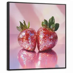 LEINWAND Bilder mit Rahmen - Disco - Obst - Glitzer - Erdbeere - 90x90