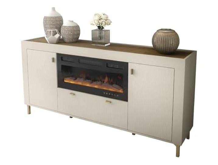 Mirjan24 Kommode Montik 2D1S MV07 mit Elektrischem Kamin, Aufbewahrungsschrank mit 3 Türen, Realistische LED-Flamme, Anrichte, Highboard (Cashmere)
