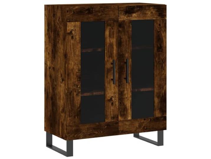 Fisinber Sideboard mit Glas-Türen 69,5x34x90 cm Räuchereiche Stilvoller Beistellschrank für Wohnzimmer und Flur mit stabilen Metallfüßen und transparenten Glasteilen.