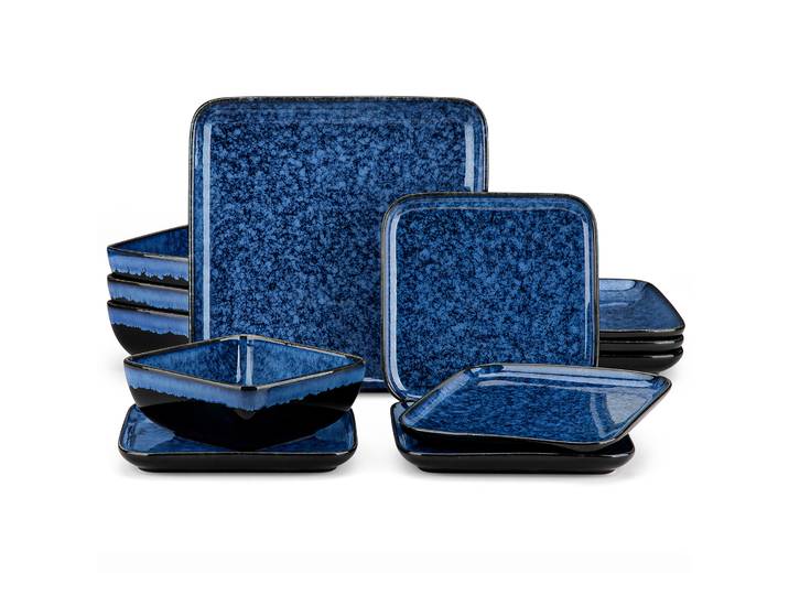 vancasso -Ensemble de rangement en céramique, carré bleu, glaçure réactive, avec 4/8/12 pièces, assiettes à dessert et bols, 12/24/36 pièces
