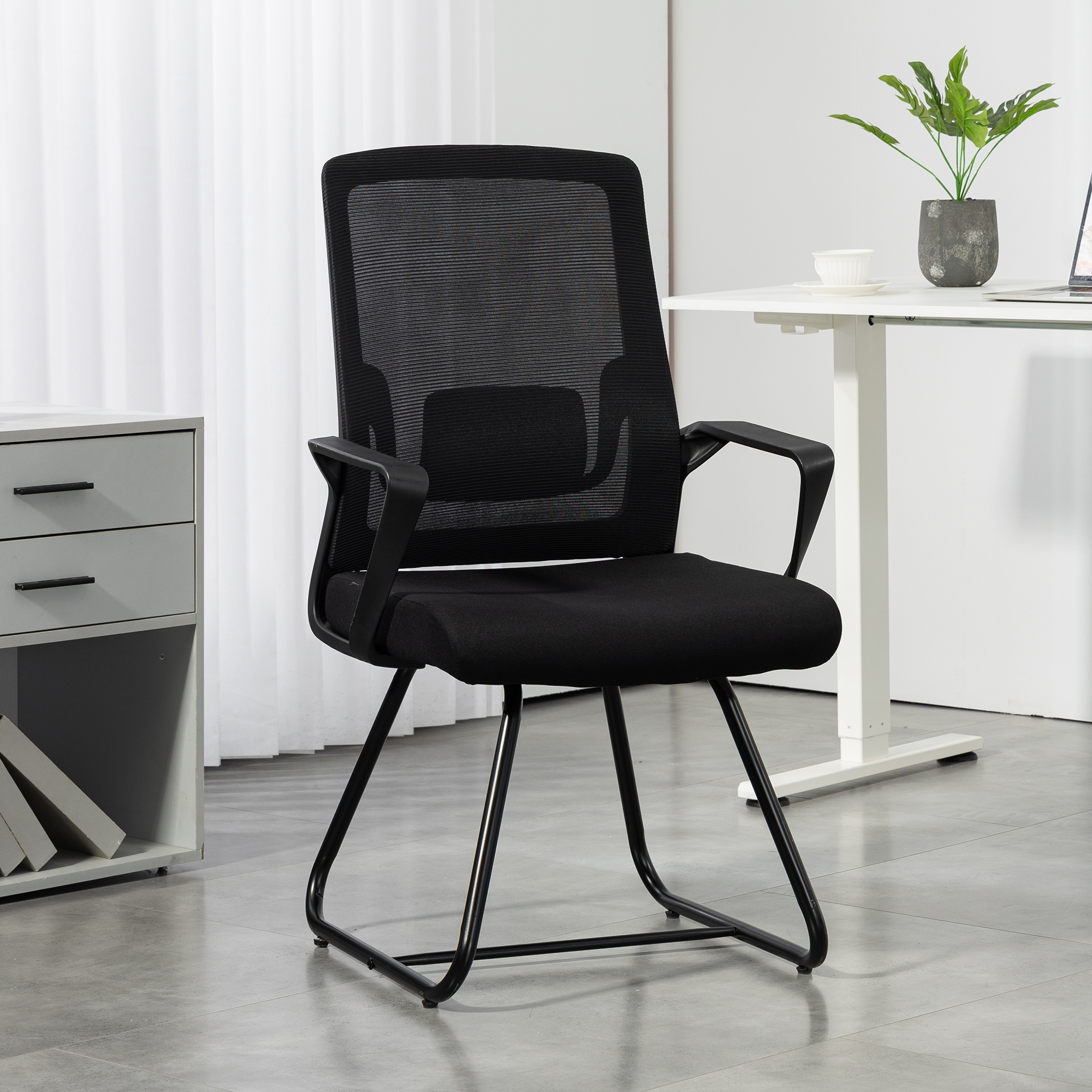 Homcom Sedia da Ufficio Senza Ruote Ergonomica con Braccioli per Sala d'Attesa, Nero   Aosom Italy