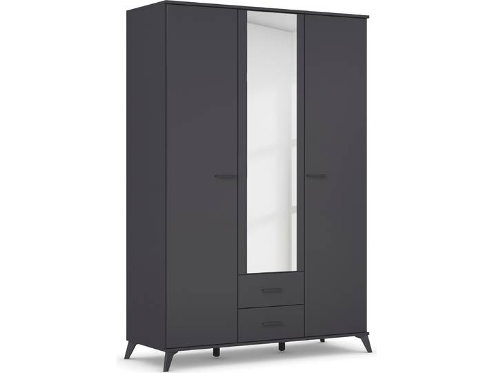 Drehtürenschrank RAUCH Lucena , grau (graumetallic), B:140cm H:203cm T:54cm, Holzwerkstoff, Schränke, Drehtürenschrank, mit schräg ausgestellten Füssen im Monochrom-Stil, mit Spiegel