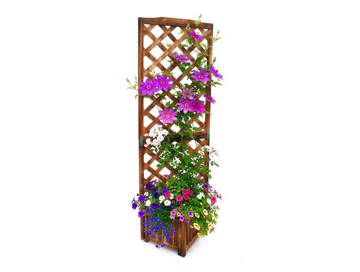 Relaxdays Pflanzkasten Geflammt Tannenholz mit Rankgitter 180 cm, Dunkelbraun, Holz, Textil, 55x180x51 cm, Dekoration, Blumen & Blumentöpfe, Übertöpfe