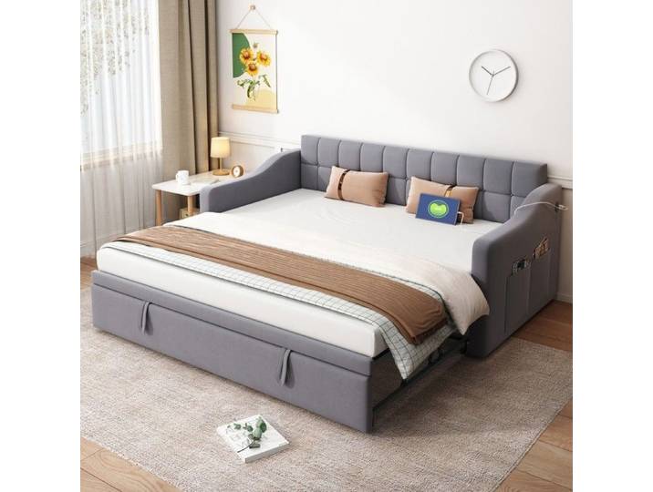 Canapé-lit- Xylo- en velours 2 en 1 multifonction avec prise électrique avec poche de rangement Gris- 90x180cm