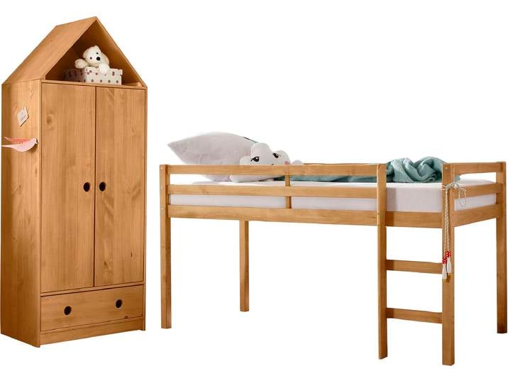 Jugendzimmer-Set OTTO HOME Alpi , beige (gebeizt, gewachst), Schlafzimmermöbel-Sets, Hochbett und Kleiderschrank in Hausoptik, perfekt für kleine Räume