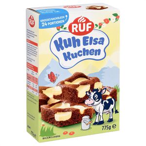 RUF Kuchenbackmischung Kuh Elsa, Schokokuchen mit Quarkcreme, für Backblech, mit Schokoraspeln