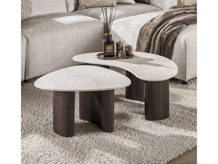 Maison ESTO Couchtisch Wohnzimmertisch LIVARO 2er Set organisch Keramik Taj Mahal braun, hochwertige 3D-Keramik in Taj-Mahal-Steinoptik