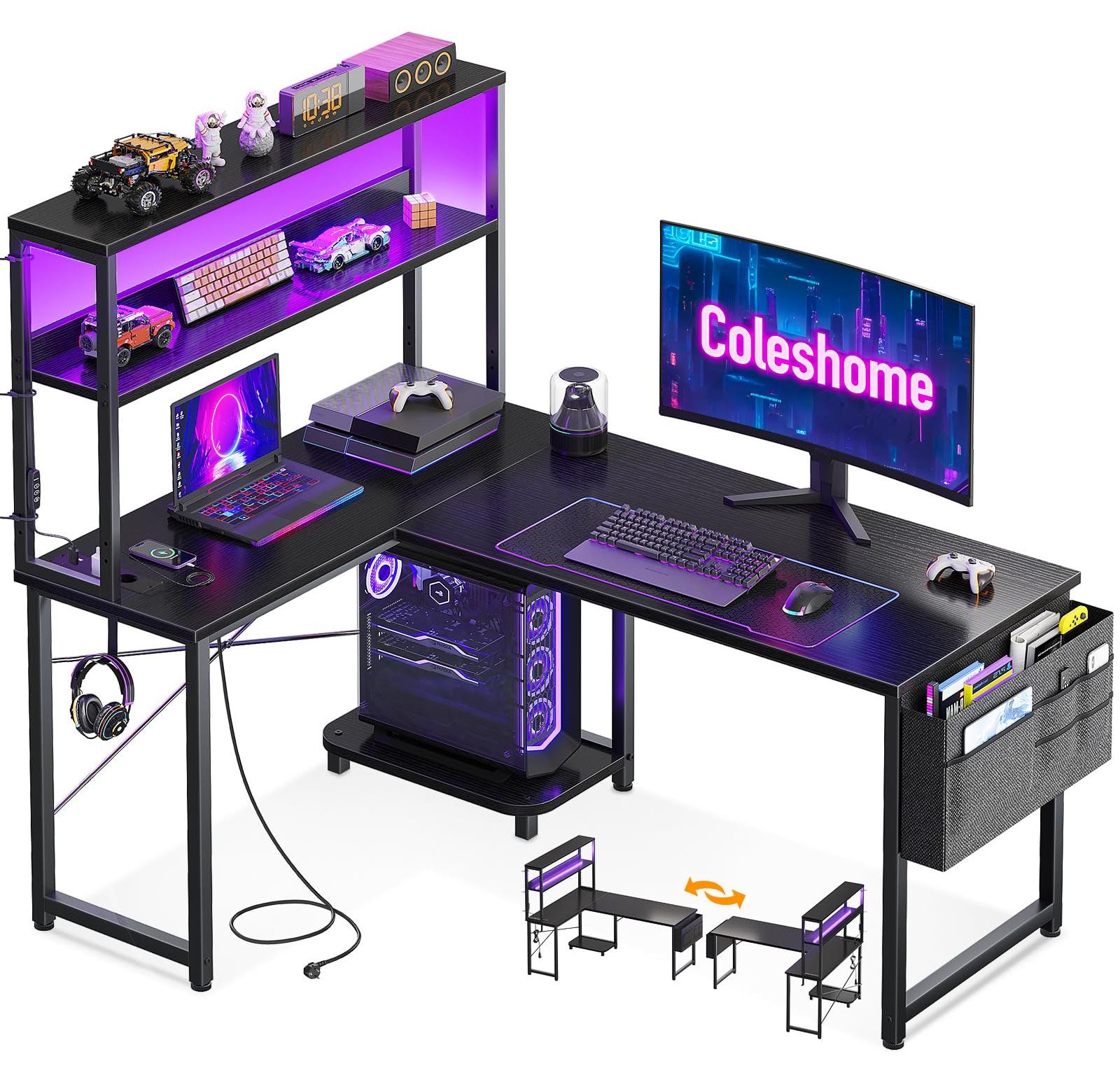 Schreibtisch für Gamer, L-förmig - 110x80 cm - Schwarz - Holz und Metall
