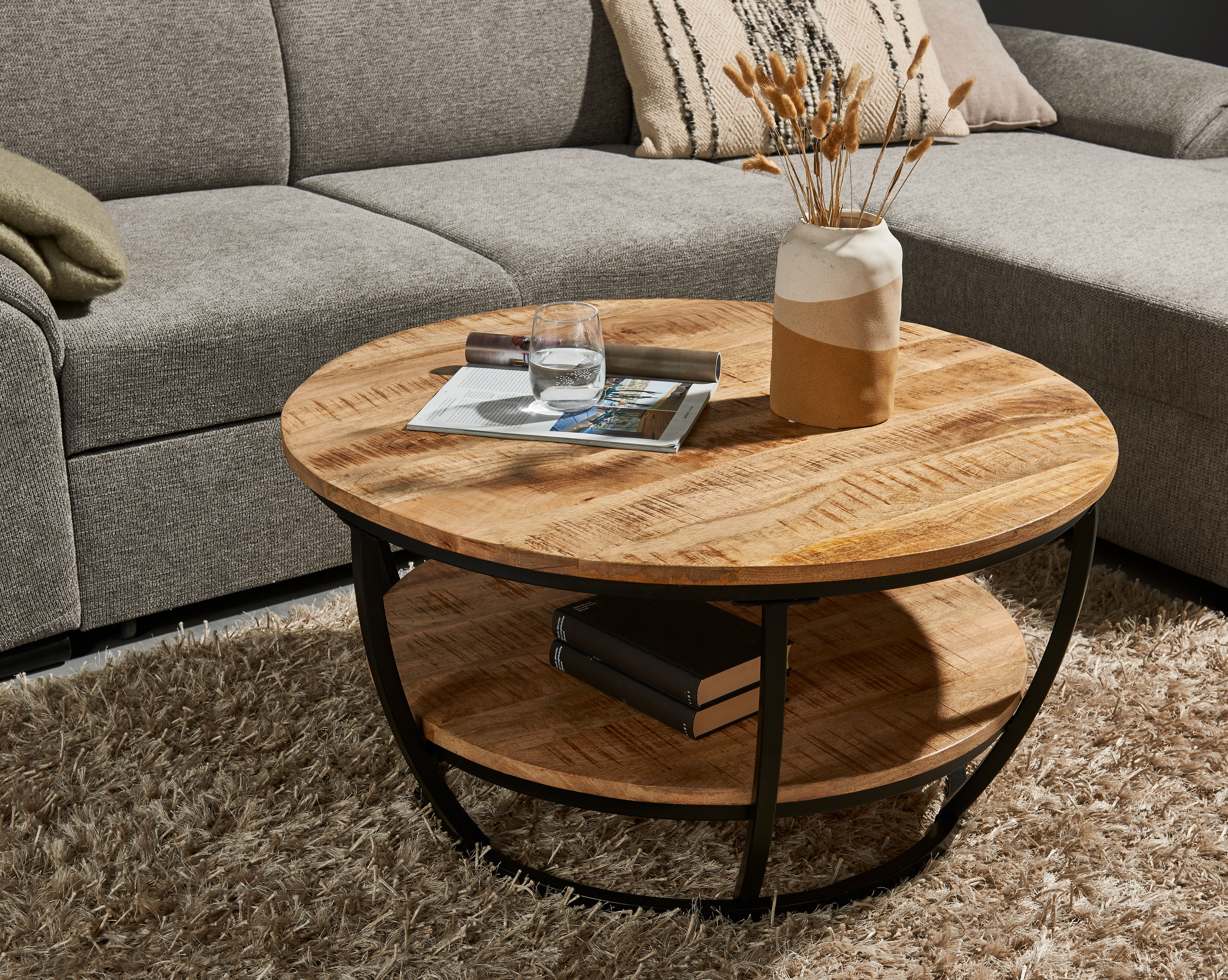 Couchtisch STOLKOM "Jambi", gelb (mango, schwarz, mango), H:44cm, Tische, Couchtisch, rund Massivholz mit Ablage