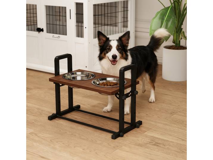 PawHut Bol Élevé Chien Réglable 4 Hauteurs 2 Bols Acier 1,2L Marron