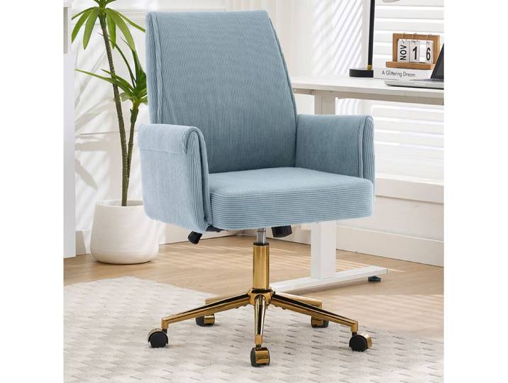 WUVRIE Fauteuil de bureau pivotant réglable en hauteur velours côtelé bleu accoudoirs et roulettes