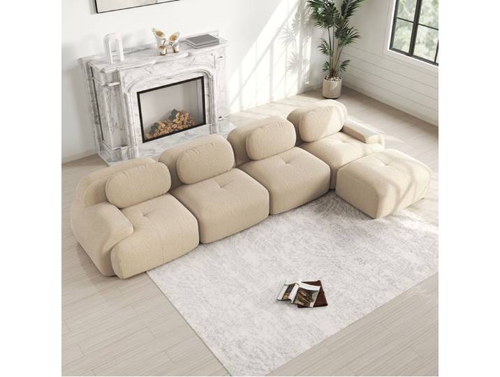 Canapé 4 places avec méridienne et mousse 32D élastique sans montage pour salon bureau et home cinéma beige