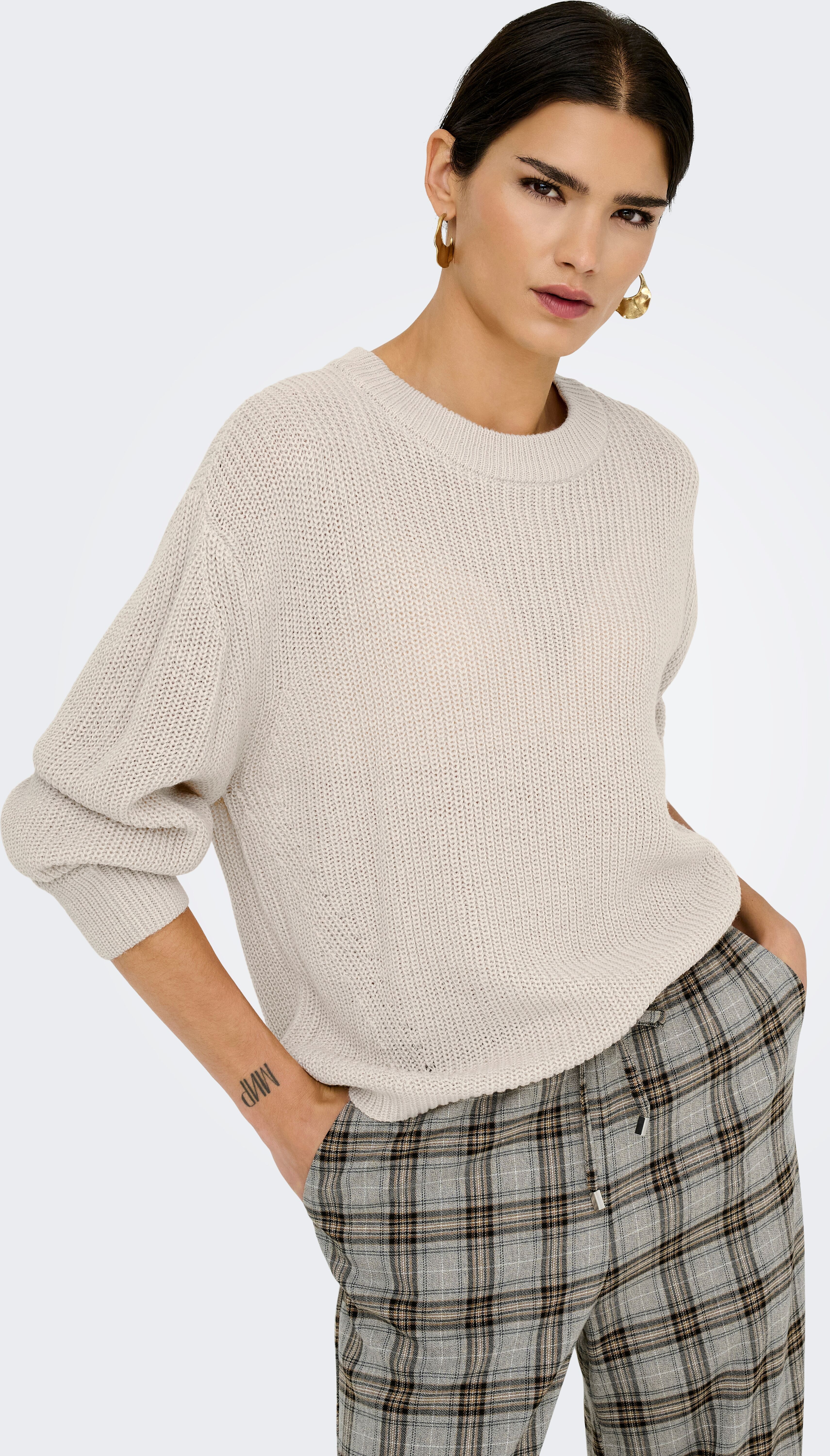 Strickpullover ONLY "ONLMILOUZ LS RIB PULLOVER KNT NOOS", Damen, Gr. XS, beige (moonbeam), Strick, Obermaterial: 100% Polyacryl, unifarben, hüftlang, Rundhals, Pullover Strickpullover moonbeam XS