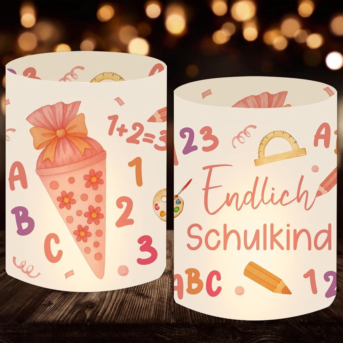 Set van 12 Windlichten voor de eerste schooldag met kleurrijke schooltas en ABC decoratie voor meisjes
