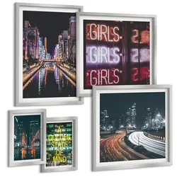 BILDER SET 5er Set - 50x50 cm & 20x30 cm & 40x60 cm Silberner Rahmen - Neonreklamen in der Stadt bei Nacht