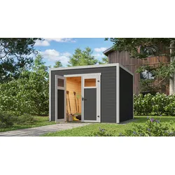 Weka Design-Gartenhaus Batu - 28 mm - Modern Storage 300 x 300 cm (Batu 3) - 300 cm Anbaudach, hellgrau Vollholz-Doppeltür