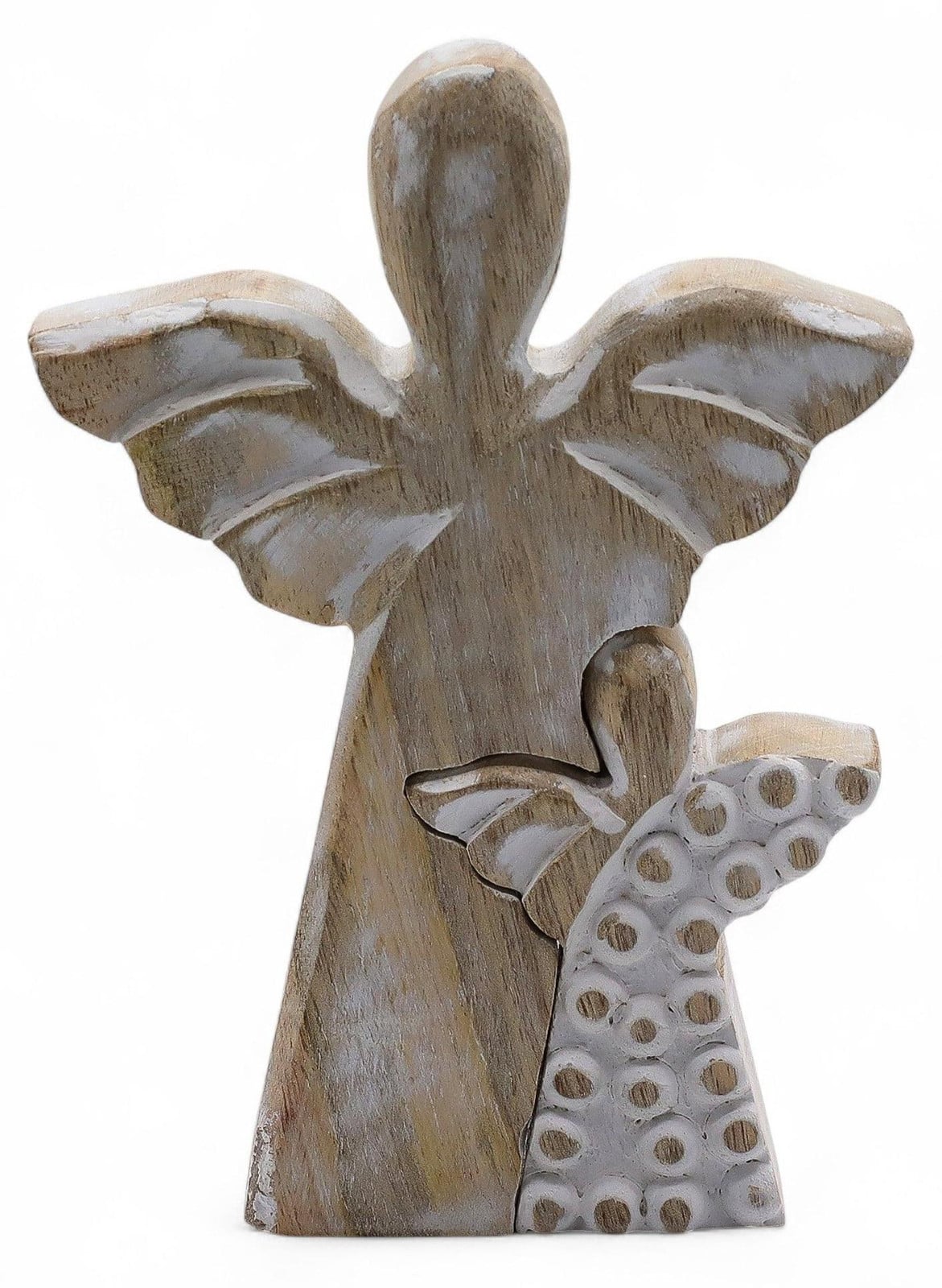 Ancient Wisdom wit geschilderde houten engel voor op tafel