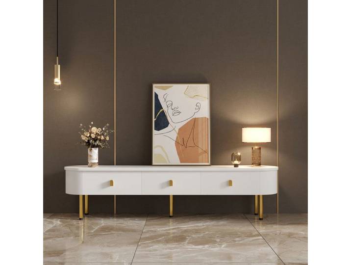 Meuble TV Lowboard avec tiroirs poignées et pieds dorés coins incurvés Meuble TV table TV meuble TV pour salon