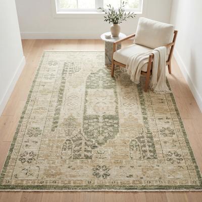 Style Haven Carmel Distressed Global Tribal Green/Gold Fringed Mix Pile Rug