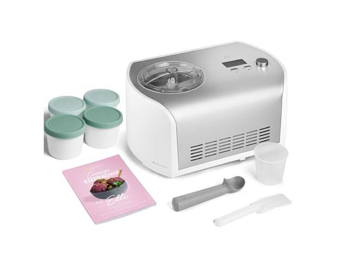 SPRINGLANE Eismaschine Elli 1,2 L mit selbstkühlendem Kompressor 135 W, Eiscrememaschine aus Edelstahl mit entnehmbarem Eisbehälter, inkl. Rezeptheft (Eismaschine+ 4 Eisbehälter Mini 400ml Mint)