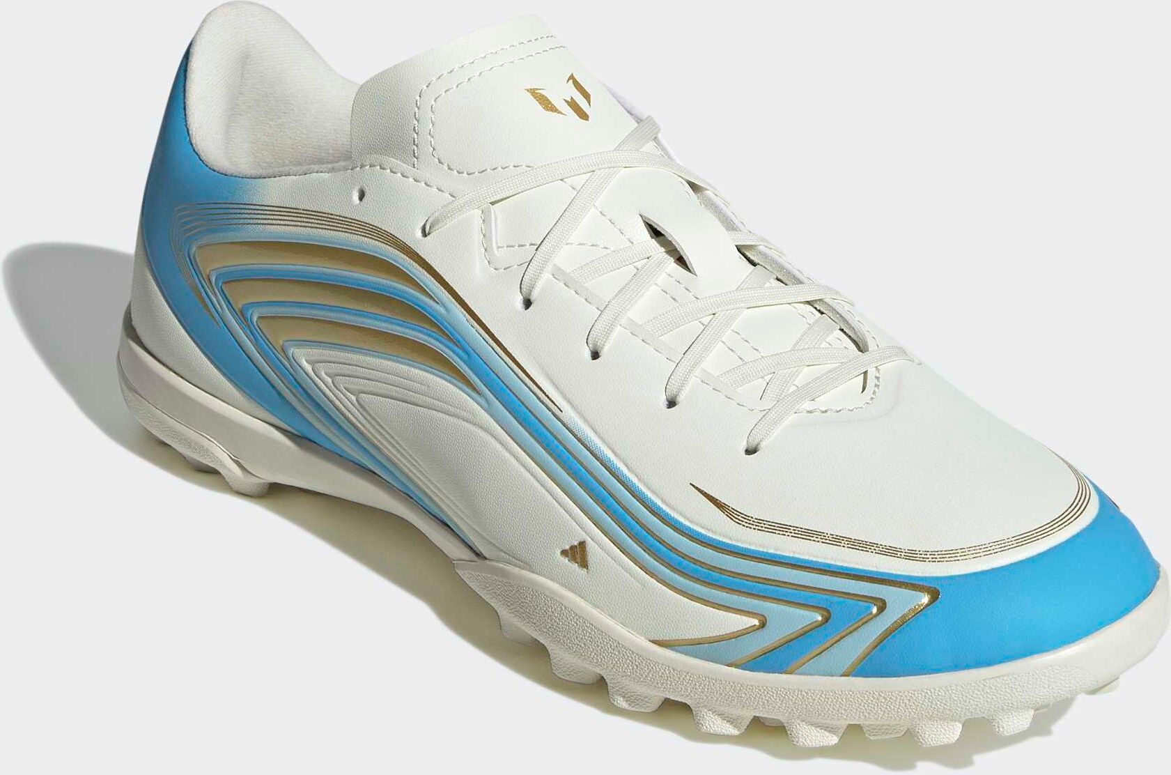 Fussballschuh ADIDAS PERFORMANCE "F50 MESSI CLUB, HYBRIDRASEN", Gr. 45, blau (ivory, semi blau burst, icey blau), Synthetik, Schuhe Fussballschuh, für synthetische Hartplätze ivory, semi blau burst, icey blau 45