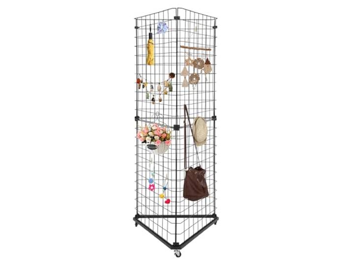 Dreieckiges Drahtgitter-Panel, Turm, rollendes Drahtgitter, Präsentationsregal mit Rädern, moderner Metallständer, Halterung, tragbare Gitterwand, Eckregal für Geschäft, Einzelhandel, Heimorganisation