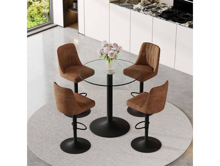 Ensemble table de bar en verre avec tabourets pivotants - Table ronde en verre transparent - Diamètre 89 cm