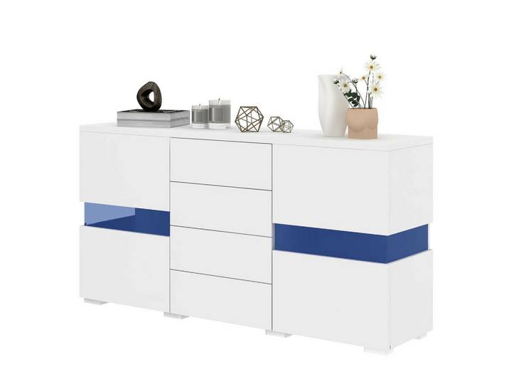 Modfu Sideboard aus MDF 140x35x72cm in Weiß mit LED-Beleuchtung, 140x72x35 cm, Kleinmöbel, Kommoden, Sideboards
