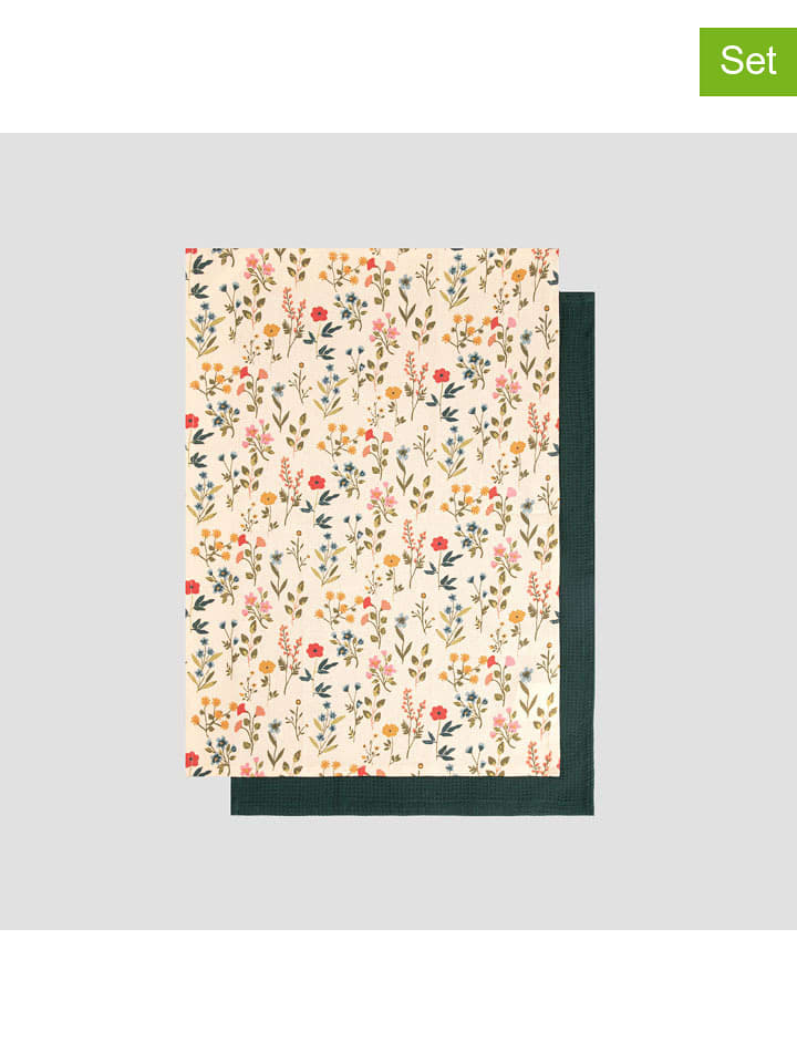 Homla 2er-Set: Geschirrtücher ''Farin'' in Creme/ Grün - (L)65 x (B)45 cm - onesize