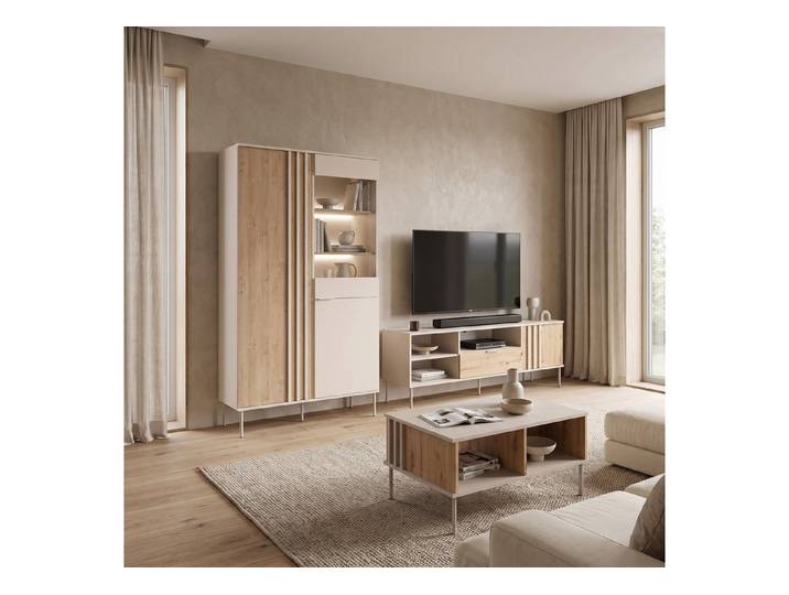 Lomadox Wohnzimmer-Set RENNES-166, (Mega-Spar-Set, 3-St., Vitrinenschrank Couchtisch Lowboard), Eiche mit Kaschmir, LED-Beleuchtung, fühlbare Lamellen, viel Stauraum