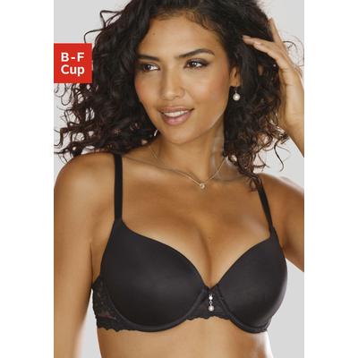 Schalen-BH LASCANA "BH mit Bügel, T-Shirt-BH, als Dessous-Set kombinierbar", Damen, Gr. 70, Cup F, schwarz, Spitze, Obermaterial: 86% Polyamid, 8% Polyester, 6% Elasthan, BHs Schalen-BH, mit Spitzenrücken, große Größen, sexy Dessous, sexy Unterwäsche