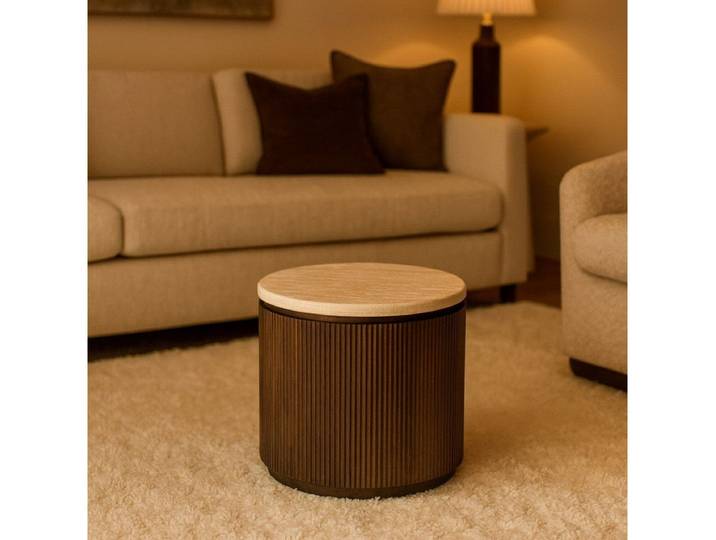alesvelt Beistelltisch Lunado mit Travertin Tischplatte in edlem Säulenstil Ø55x55 CM, Beige, Braun, 55cm, Säulenfuß