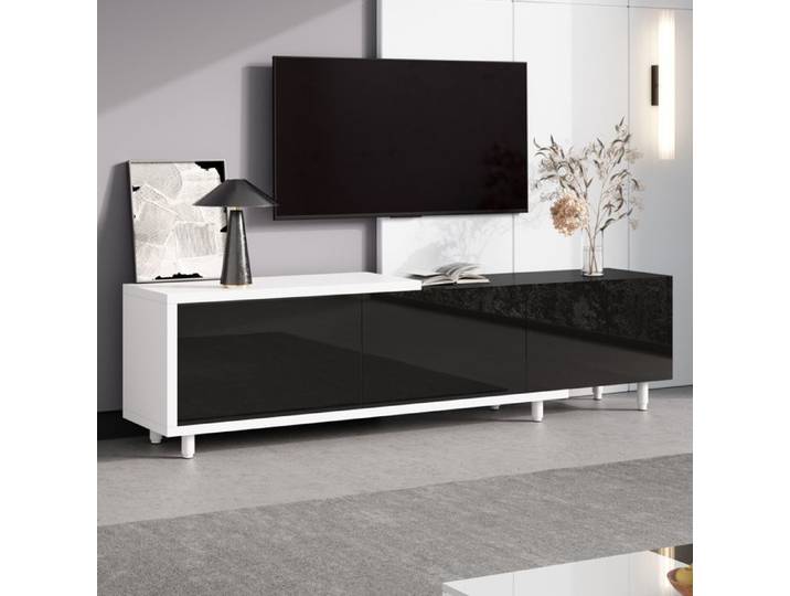 BEL Meuble TV extensible 3 portes laquées pieds métal charnières silencieuses rangement