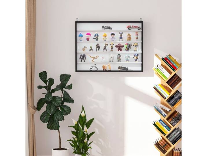 Vitrine murale de collection 4 étagères réglables verre et bois 80x9 5x60 cm noir et blanc