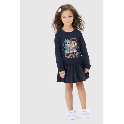 Jerseykleid PAW PATROL, Mädchen, Gr. 92/98, N-Gr, Langarm, Jersey, blau, Jersey, Obermaterial: 95% Baumwolle, 5% Elasthan, bedruckt, ausgestellt kniefrei, Rundhals, abgesteppte Kante, Kleider Jerseykleid, Druck mit EVEREST und SKYE