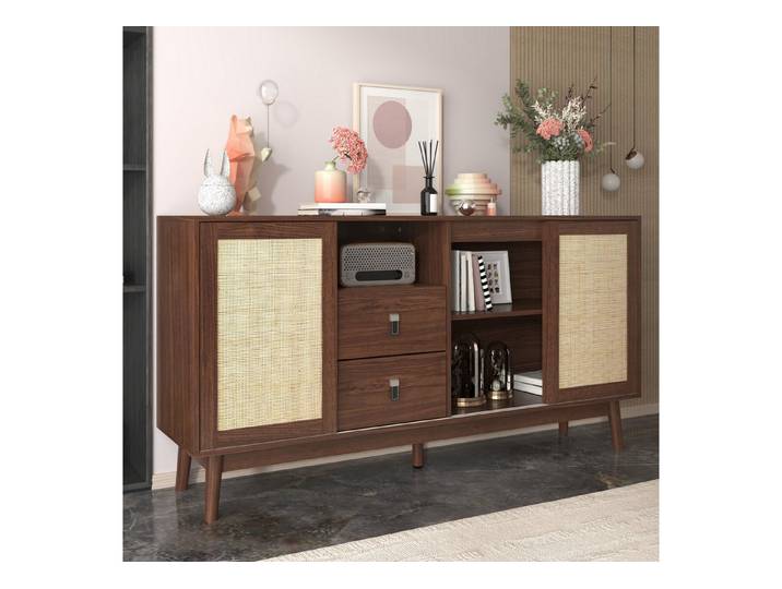 Celya Sideboard Sideboard mit 3 Schiebetüren aus echtem Rattan und 2 Schubladen, 155x38x80 cm, atmungsaktiv, stabil und vielseitig
