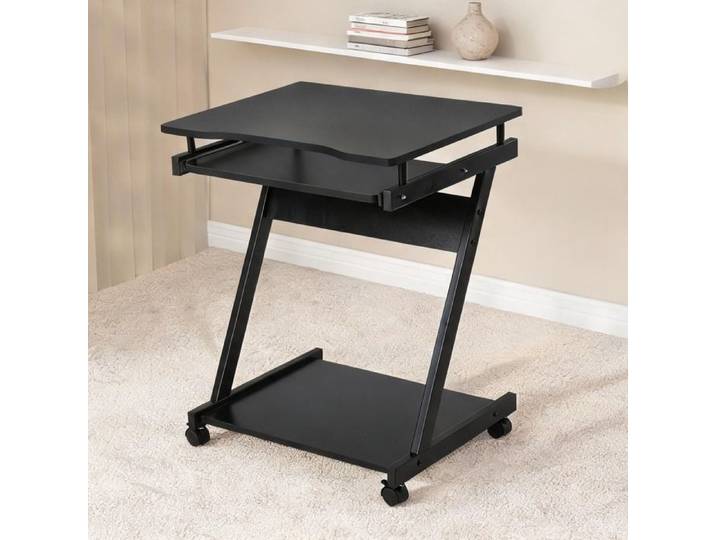Bureau informatique compact et mobile en noir - plateau tablette clavier coulissante étagère