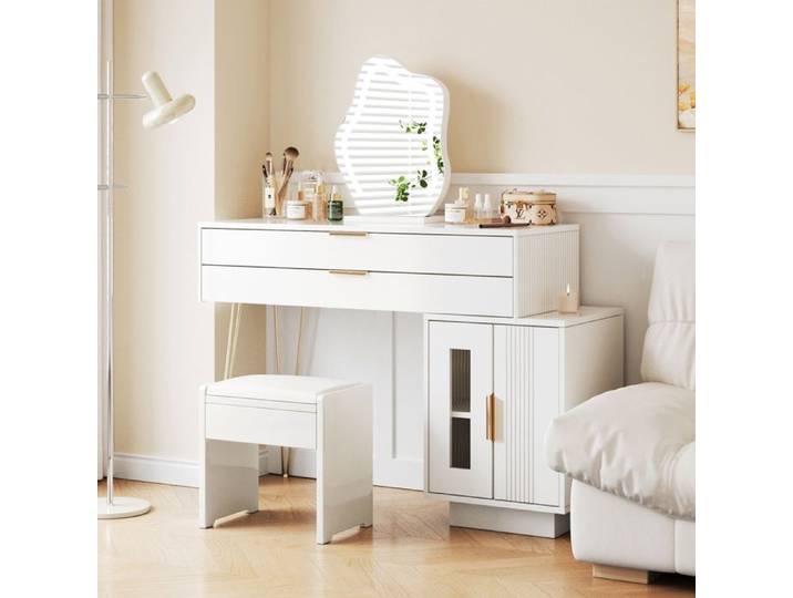Coiffeuse blanche avec miroir LED et design extensible - Table de maquillage moderne pour chambre sans tabouret