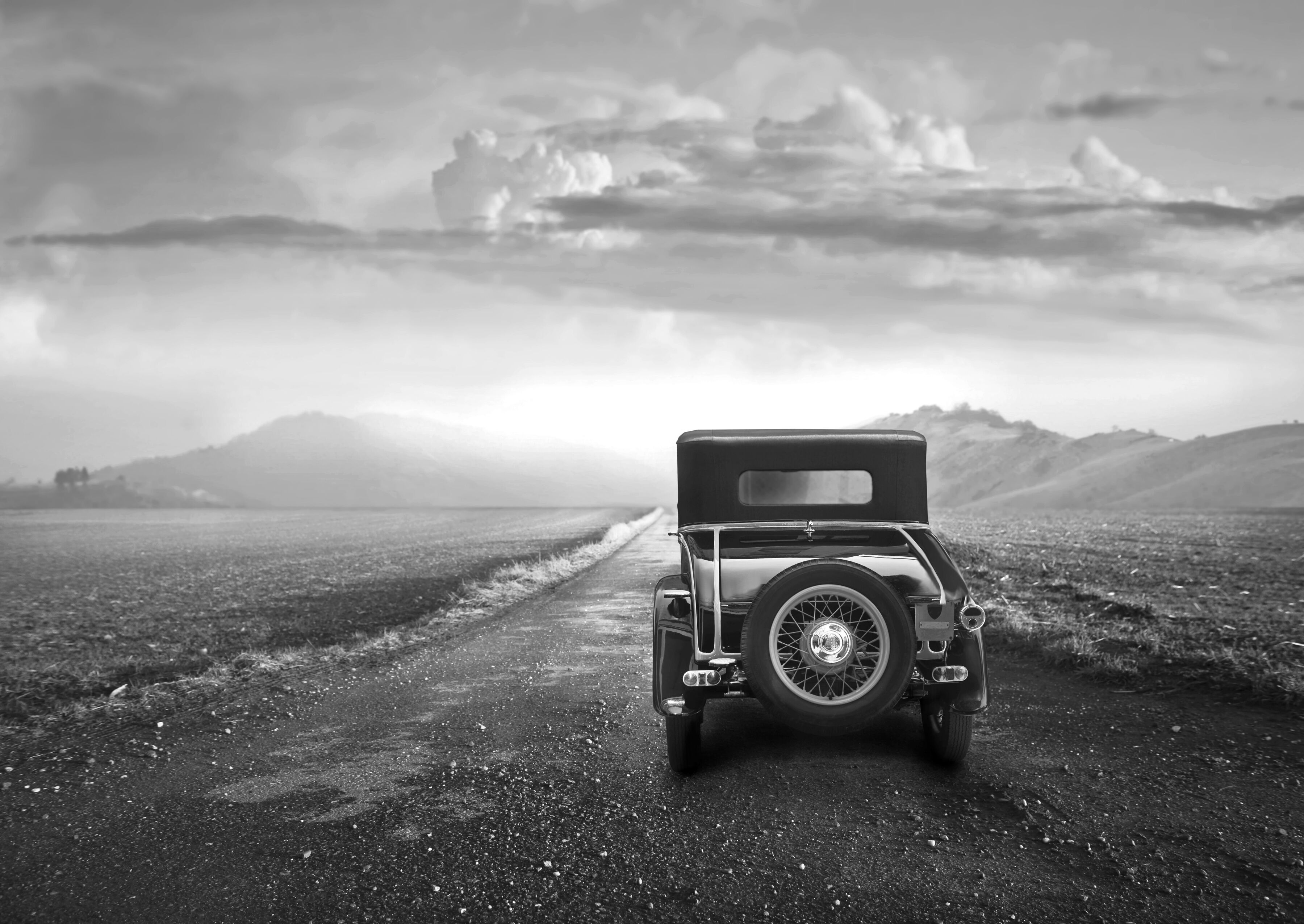 Fototapete PAPERMOON "Landschaft mit Auto Schwarz Weiß", bunt, B:2m L:1,49m, Vlies, Tapeten, Fototapete