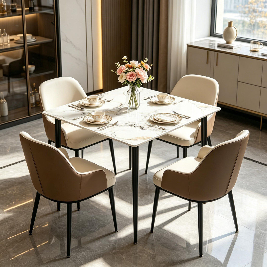 George Oliver Fung Square Marble Top Dining Table with Steel Base Cold Jadeite