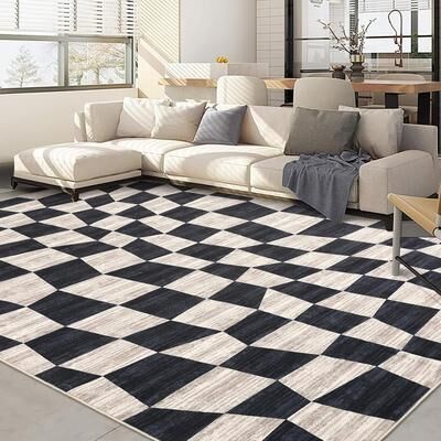 YUN Area Rug 9x12, Washable Geometric Plaid Rug, Non-Slip Thin Foldable Low Pile Carpet for Bedroom or Living Room