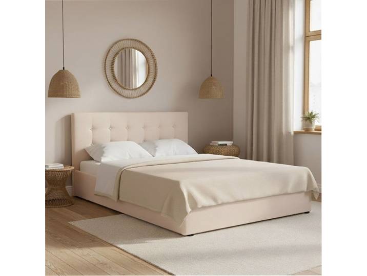 Lit coffre 140x190 en velours écru avec tête de lit capitonnée Terre de nuit - Ecru - Terre de Nuit