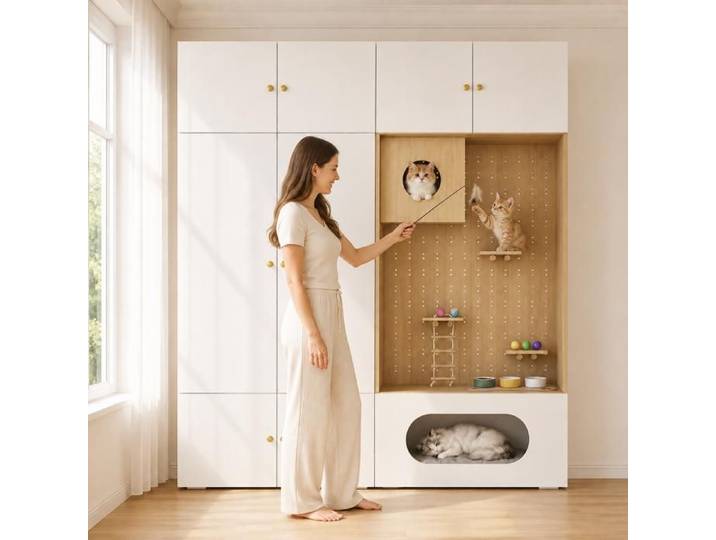 Armoire Penderie avec Arbre à Chat et Niche pour Chat avec Tringle Etagères armoire à vêtements pour Chambre aspect blanc + bois
