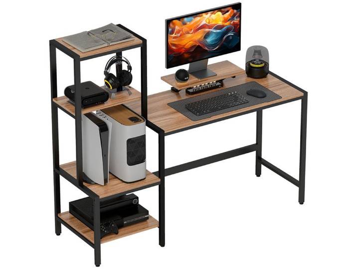 Bureau d'ordinateur avec support pour écran bureau avec étagère à 4 niveaux style industriel marron