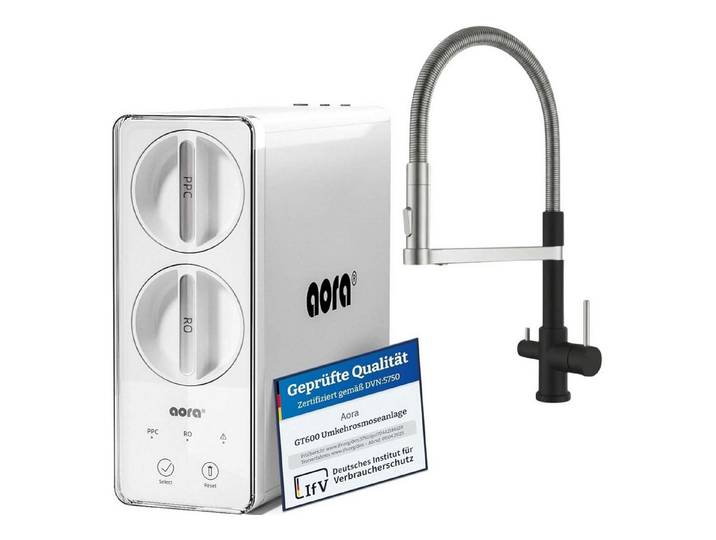 AORA Wasserhahn-Wasserfilter, Umkehrosmose 8-stufig, tanklos, inkl. STATEMENT Armatur Schwarz