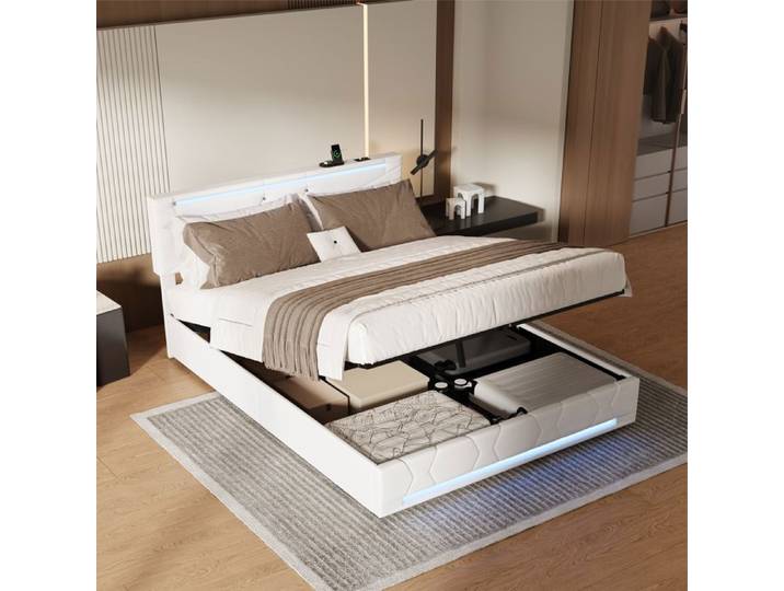 Structure de lit SHAODENG 160x200 cm avec USB LED tissu en lin cadre de lit 160x200 cm Beige