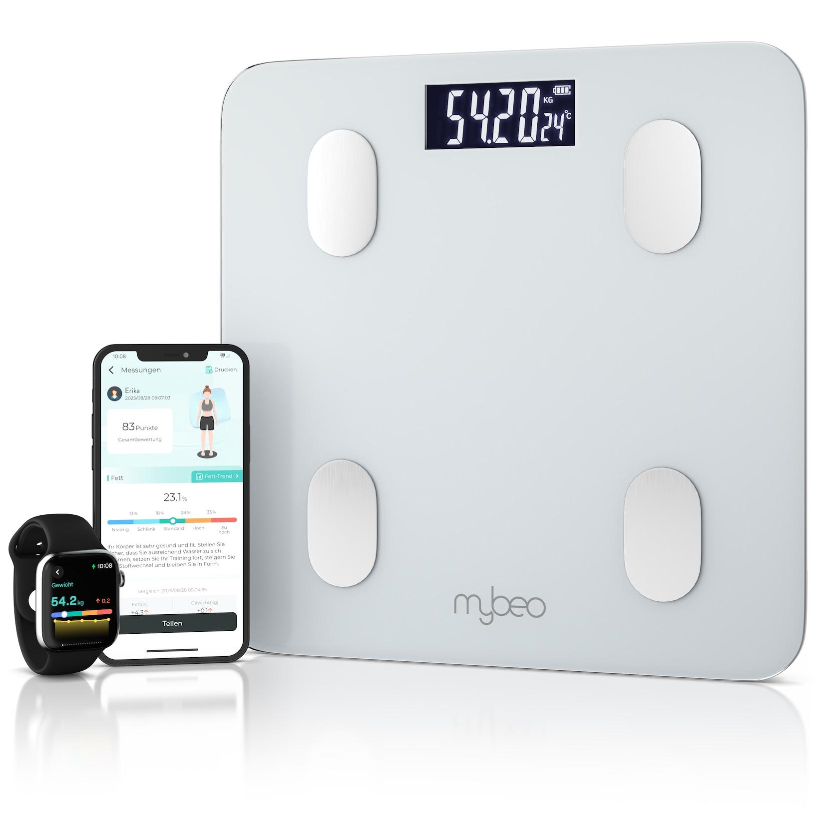 Mybeo Körper-Analyse-Waage Bluetooth Körperfettwaage, digitale Multifunktionswaage, APP Steuerung, 1-tlg., Diagnosewaage, BMI, Körperfett